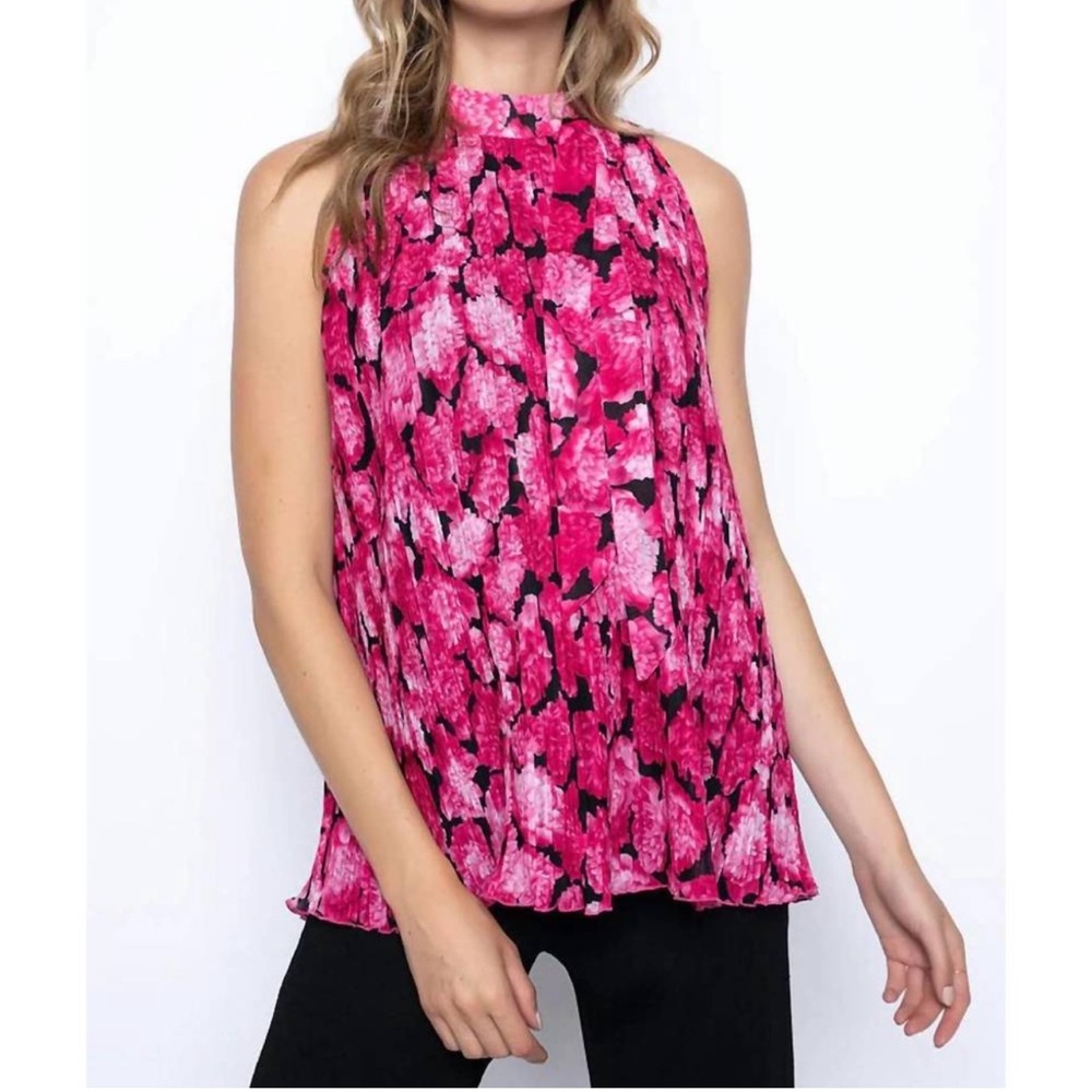 PICADILLY | fuschia/blk floral pleated sleeveless mock neck blouse/shirt/top